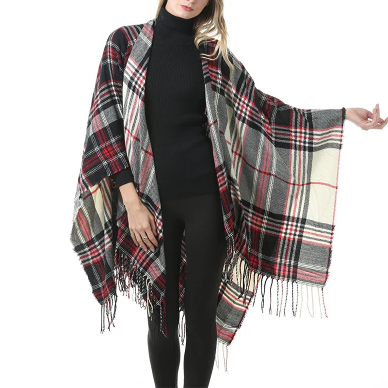 

Autumn Winter Women Fashion Loose Batwing Sleeve Coat Plaid Stripes Poncho Scarf Shawl Outwear