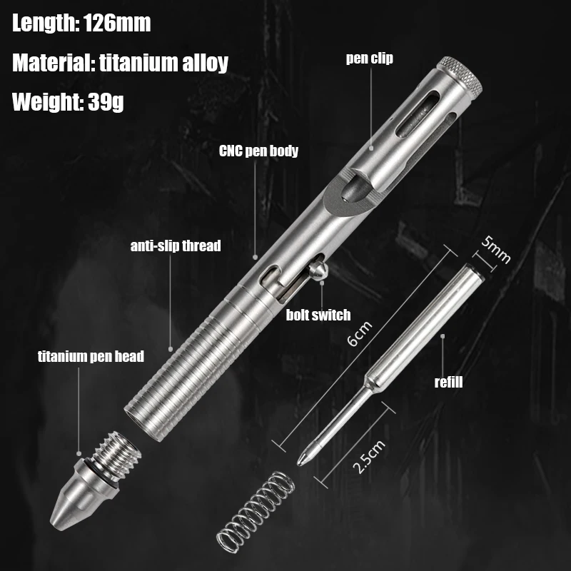 spesifikasi Titanium Alloy Pena Taktis Baut Pen Portable Outdoor EDC Pena