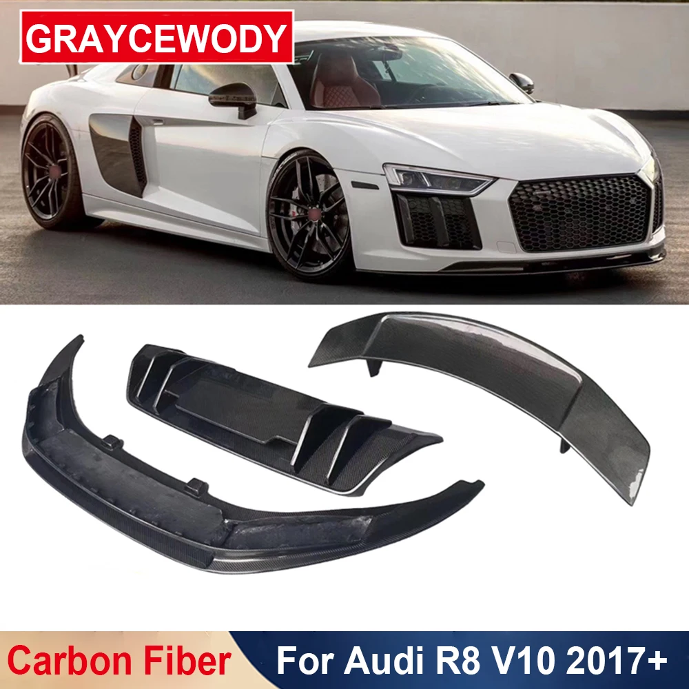 

New R8 Real Carbon Fiber Front Rear Bumper Lip Shovel Chin Diffuser Rear Wing Spoiler Car Styling For Audi R8 V10 2017+