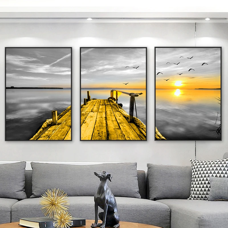 

Golden Sunset Bridge Head Wall Art Poster And Prints Grey Birds Seascape Canvas Painting For Living Room Home Dekoration Picture