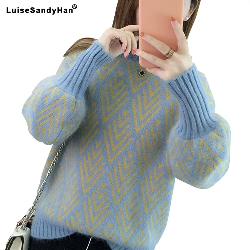 Свитер женский жаккардовый с коротким воротником и рукавами-фонариками | Женская