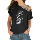 Женская футболка с принтом музыкальных нот, новая модная футболка для музыки, хлопковая Футболка с асимметричным скошенным перекрестным поясом, топы