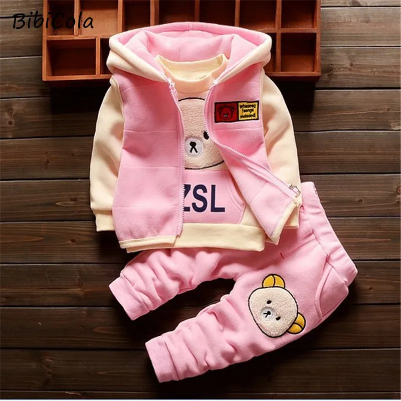 

BibiCola baby clothing sets children cartoon bear winter cotton fleece wool suit warm thicken 3 pcs set baby boys girls set