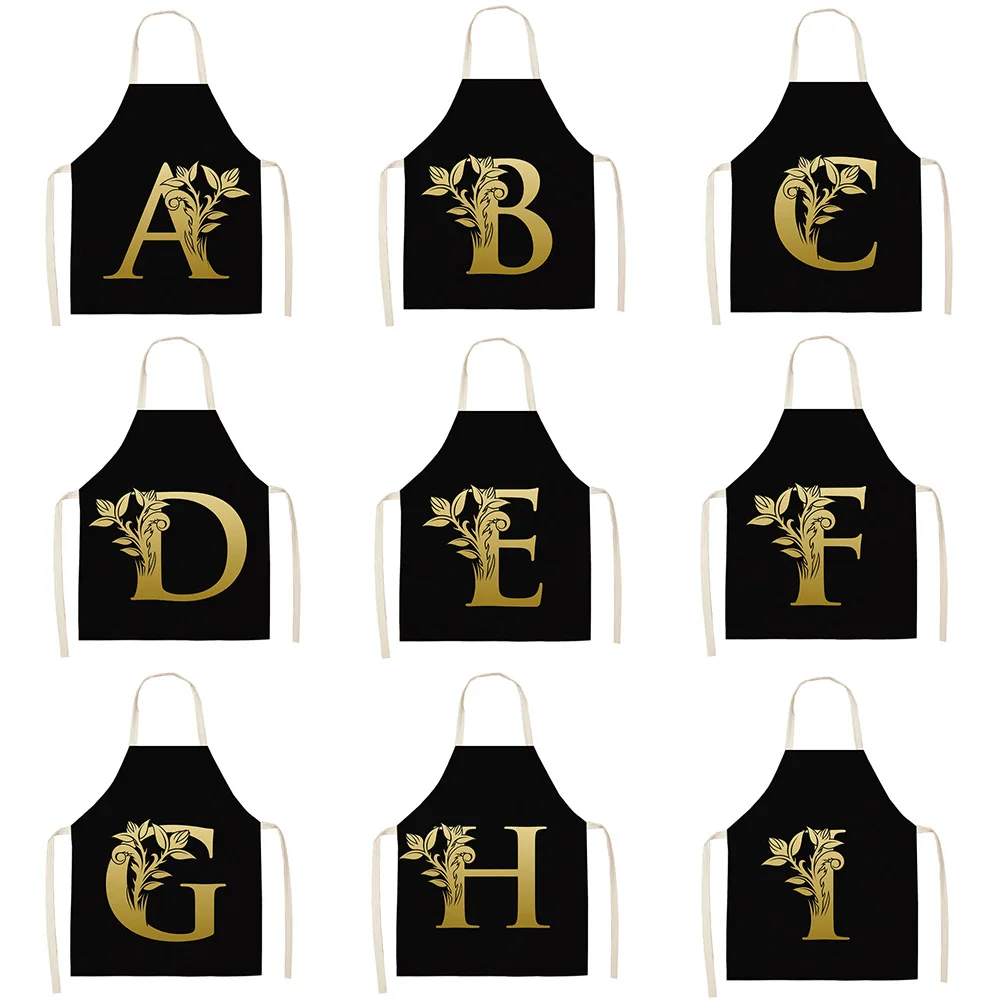 

Black Letter Alphabet Kitchen Cooking Apron For Women Linen Baking Bib Delantales Household Cleaning Pinafore Home Cleaning Tool