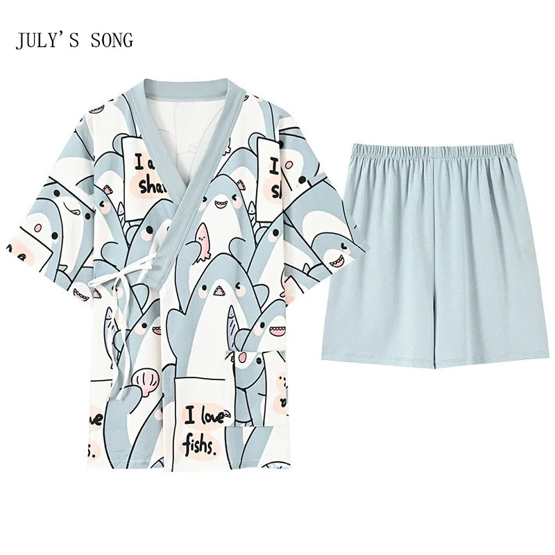 

JULY'S SONG New 2pcs Women Pajamas Casual Cotton Half Sleeve Sleepwear Pajama Set Cartoon Printed Summer Cool Pyjama Suit Female