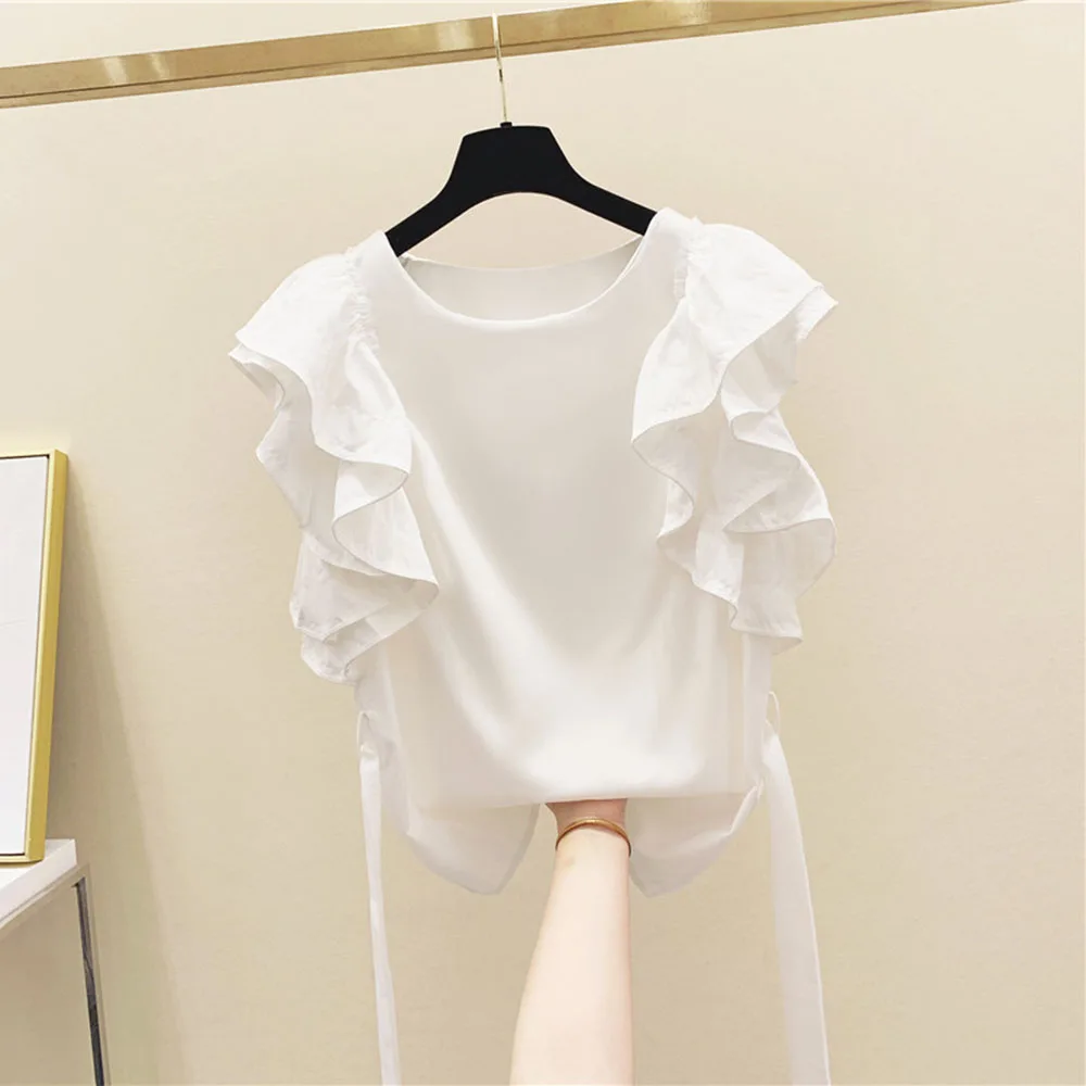 

Blouse Women Tops 2021 Summer Fashion Falbala Short Sleeves O-Neck Solid Black White Casual Female Straight Blouse Top Wear