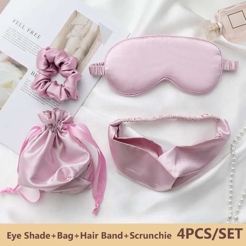 

4PCS/ Set Women Imitated Silk Sleep Eye Mask Portable Travel Eyepatch Rest Blindfold Eye Cover Storage Bag Hair Band Gift Set