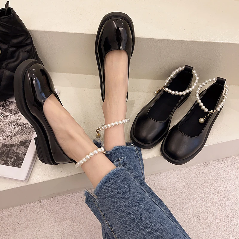 

Shoes Woman Flats Oxfords Square Toe Shallow Mouth Casual Female Sneakers Soft Autumn Pearl Decorateion Dress Leather Summer Ret