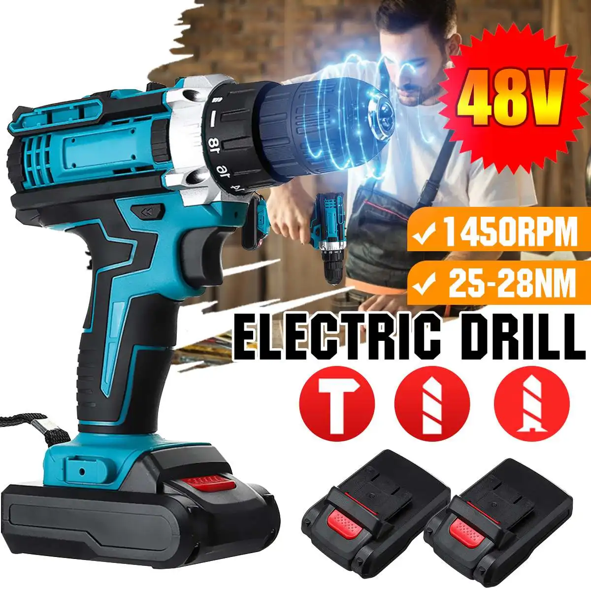 Аккумуляторная дрель 48 В 18 + 2 крутящих момента электрическая отвертка