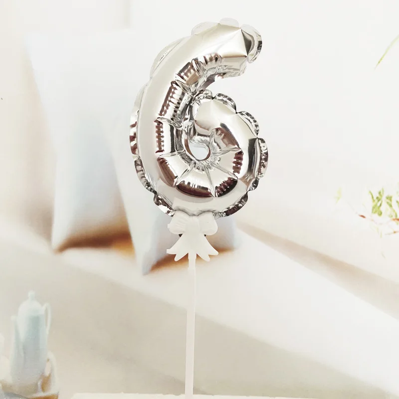 Silver Number 6 Самонадувающиеся мини золотые воздушные шары из фольги в виде цифр Торт Топперы с бантом Пластиковая Палочка Свадьба День Рождения Вечеринка торт поставки - Цвет: Silver Number 6