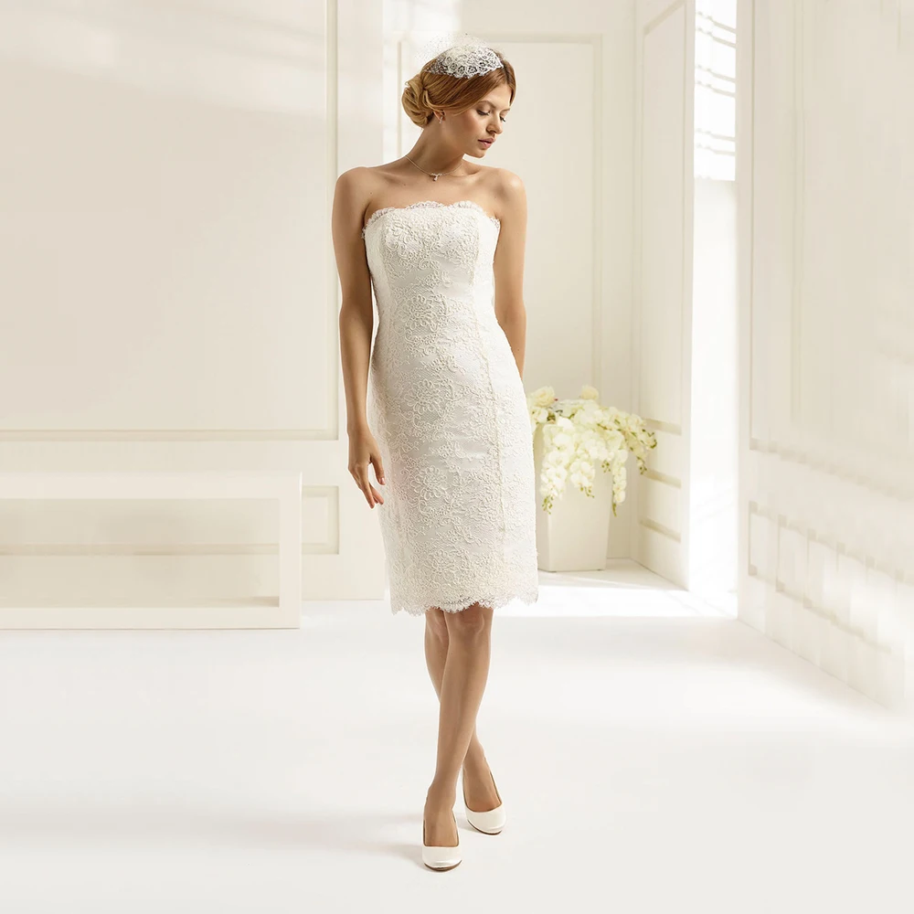 

Simple Sheath Wedding Gowns Open Back Zipper Short Lace Tulle Strapless Rustic Bridal Dresses Knee Length Plus Size Custom