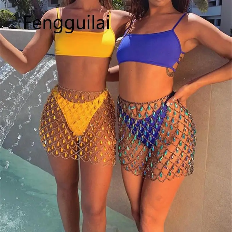 

FENGGUILAI Festival Boho Crystal Sequin Women's Metal Chain Skirt 2020 Summer Beach Hollow Out Sparkly Handmade Mini Skirts