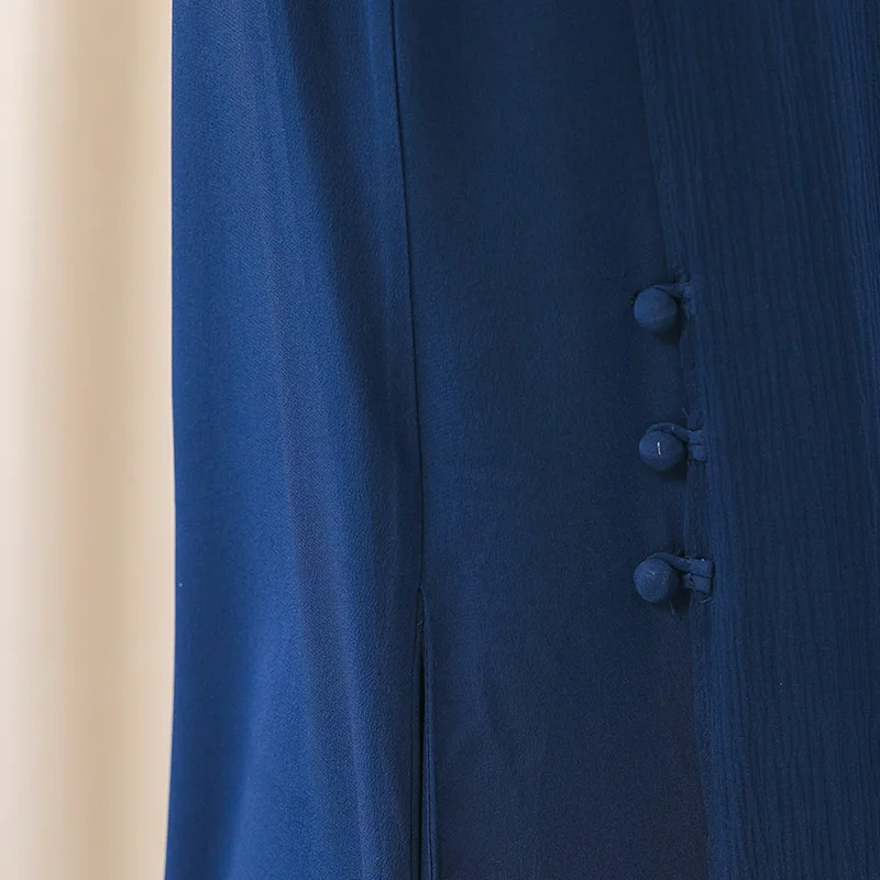 

VOA Double-layer Silk Round Neck Short Sleeve Buckle Split Bark Mulberry Silk Classic Straight Navy Blue Dress Summer AJ791