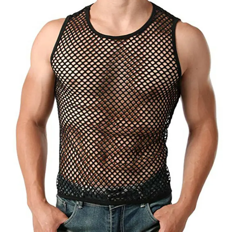 

New Men Running Vests Mesh Sheer T-shirt Gym Training Tank Top Fish Net Sporting Top Sleeveless Hole Solid See Through 2020