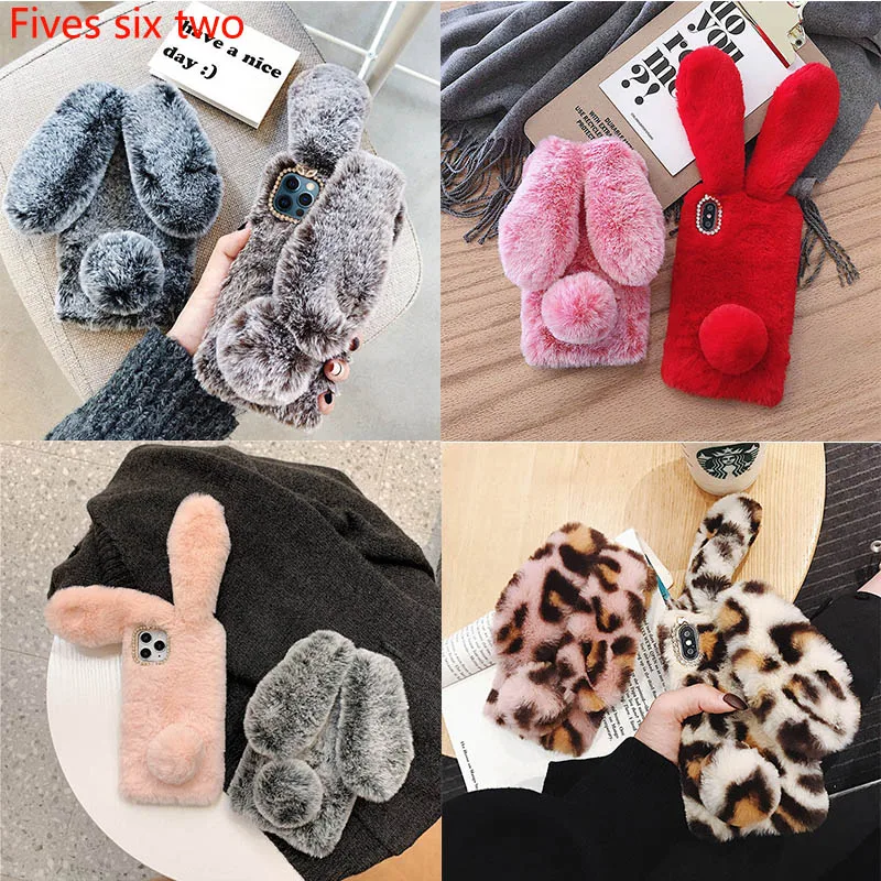 soft plush case for oppo realme 8 7 6 5 3 pro 7i 5i c17 reno 5 4 2 2z 10x a52 a72 a92 furry rabbit bunny fur back cover capa tpu free global shipping