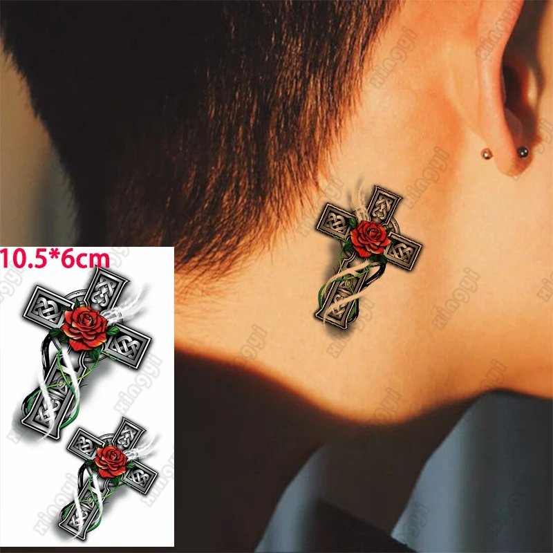 

Small Size Waterproof Temporary Tattoo Sticker Cross Moon Totem Rose Men Arm Wrist Water Transfer Fake Tatto Body Art Women Kids