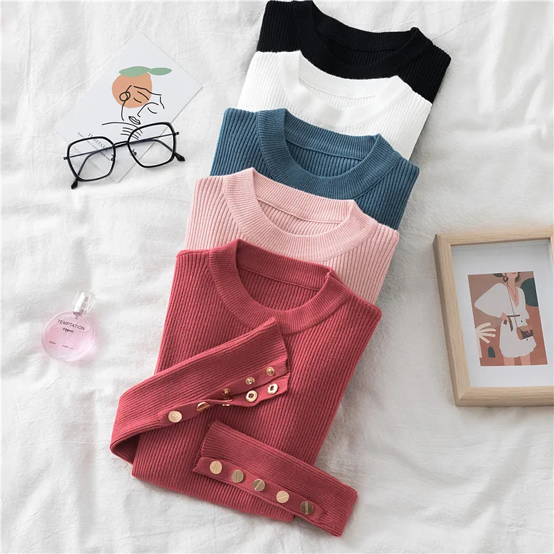 

Women Casual Knitted Sweater Autumn Winter Solid Sweater Long Sleeve Button Chic Pullovers Female Slim Knit Top Soft Jumper Tops