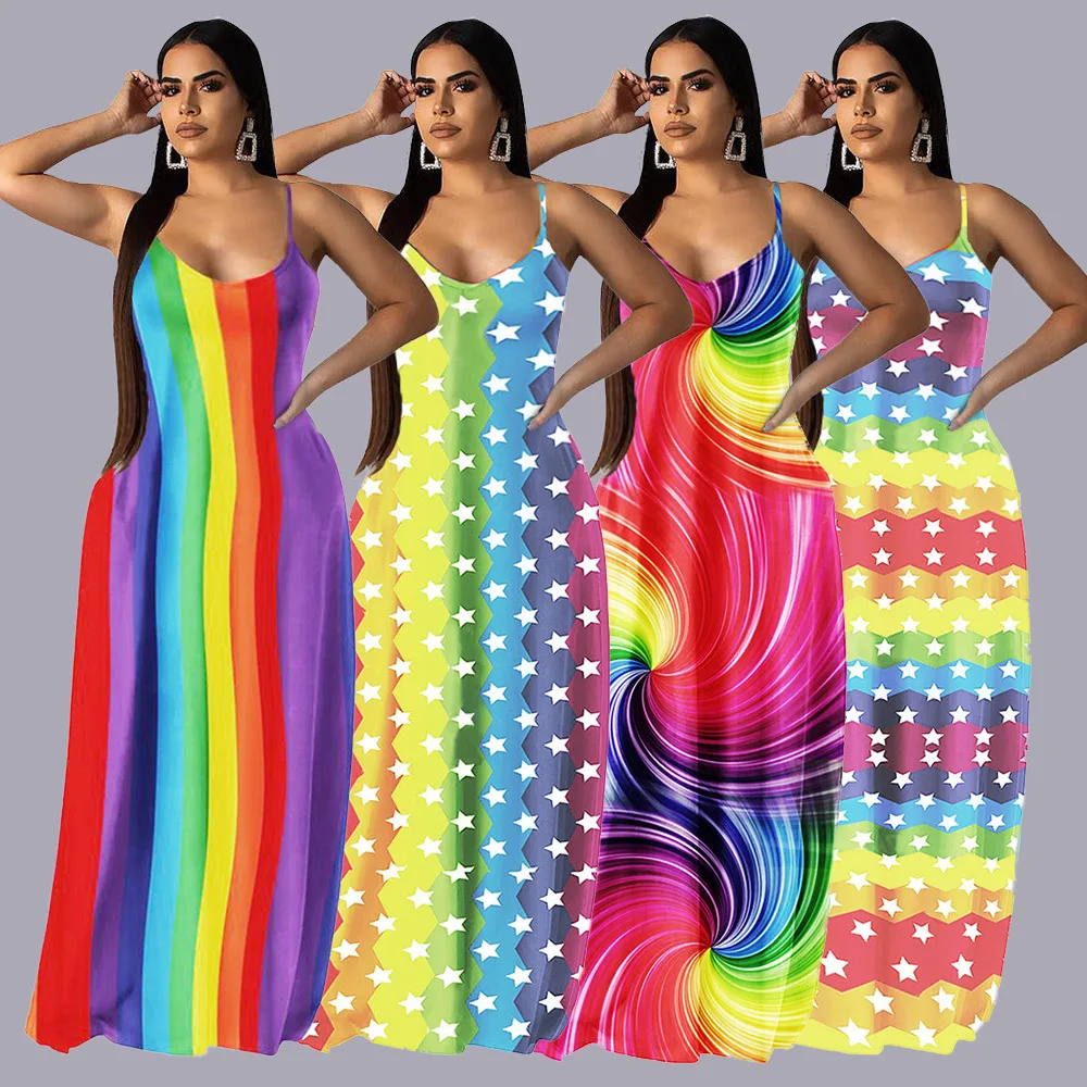 

Suspender Backless Casual Fashion Rainbow Stripe Colorful Dress 2021 Women's Dress Can Be Sweet or Spicy Seaside To Wear Dress