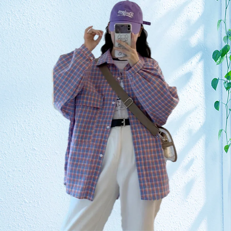 

QWEEK Purple Plaid Shirt Women Spring Fashion 2021 Women Shirts Korean Style Long Sleeve Tops Loose Casual Lattice Button Up