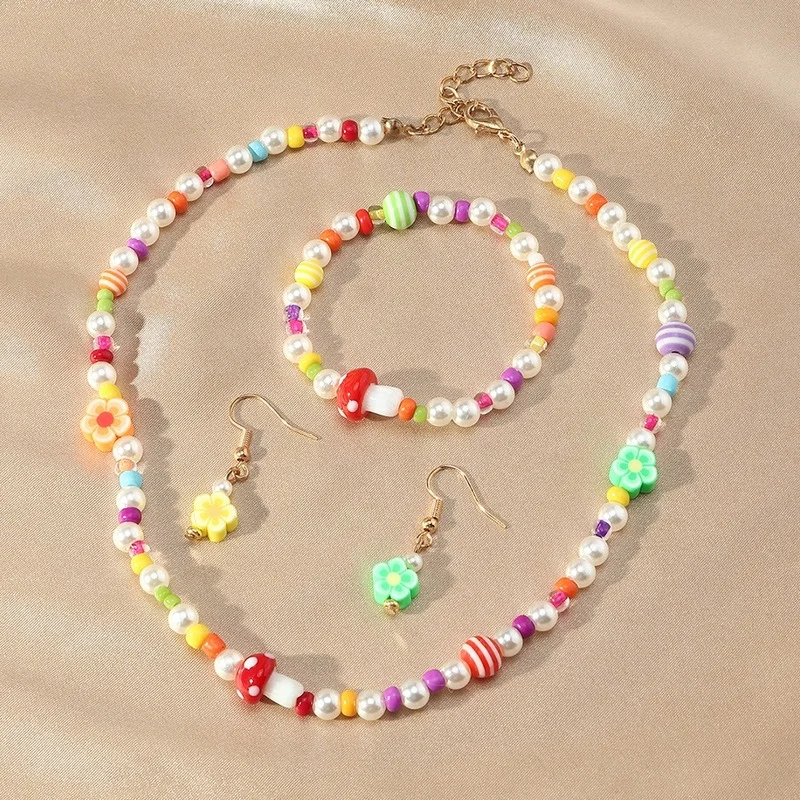 

2021 Children's Soft Clay Necklace Bohemia Children's Bracelet Necklace Earrings Three-piece Children's Jewelry