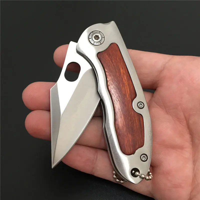 

Mens Gift Survival Knife Outdoor Folding Wooden Handle Knife, Sharp and Durable Keychain Knife