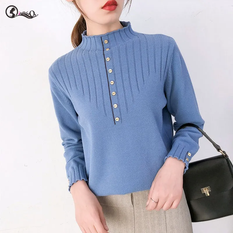 Solid Color Casual Loose Sweater Women Pullovers Simple Turtleneck Warm Long Sleeve Cute Knit Tops Button | Женская одежда