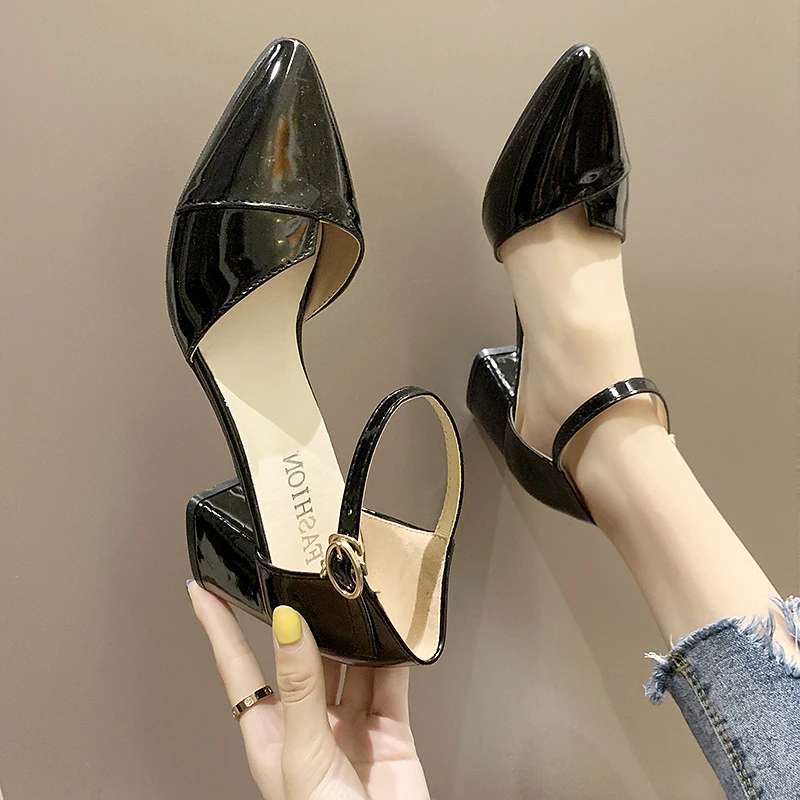 

Pointed Heel Crystal Shoes Black Patent Leather Shoes Women High Heels Sexy Simple Dersses for Woman Party Pumps Sandals