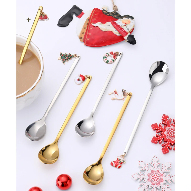 

Новогодние рождественские ложки из нержавеющей стали 2021, ложка для кофе для вечерние с рождественским кулоном, рождественские украшения, п...