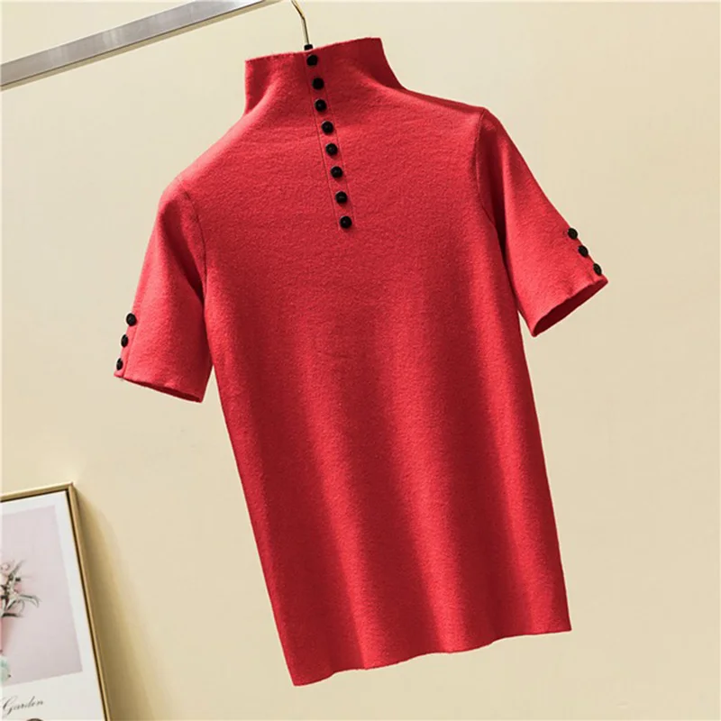 LJSXLS 2022 Summer Knitted Button Sweater Women Turtleneck Short Sleeve Slim Solid Womens Sweaters Ladies Pullover Pull Femme | Женская