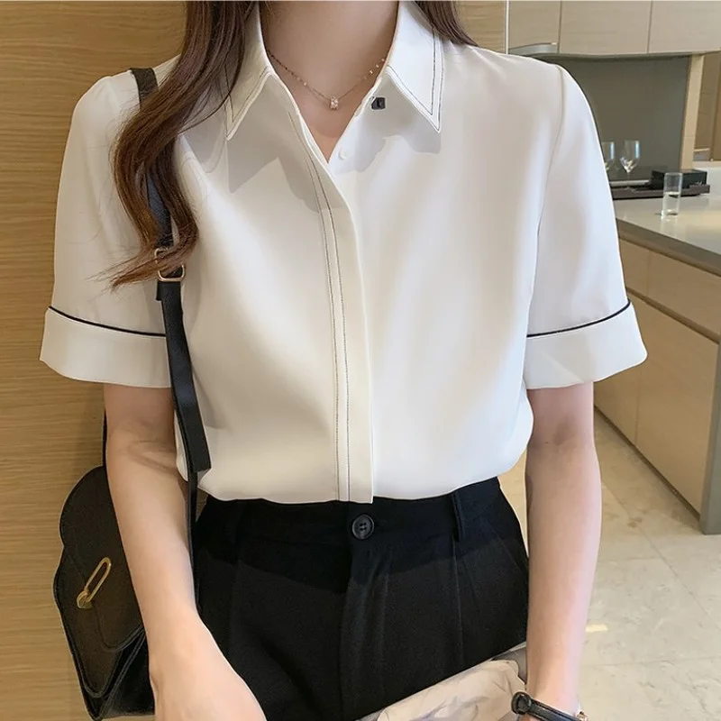 

Summer Turn Down Collar Chiffon Blouse Shirt Tops Women Short Sleeve Blouse Women Blusas Mujer De Moda 2021 Shirts Blouses E995