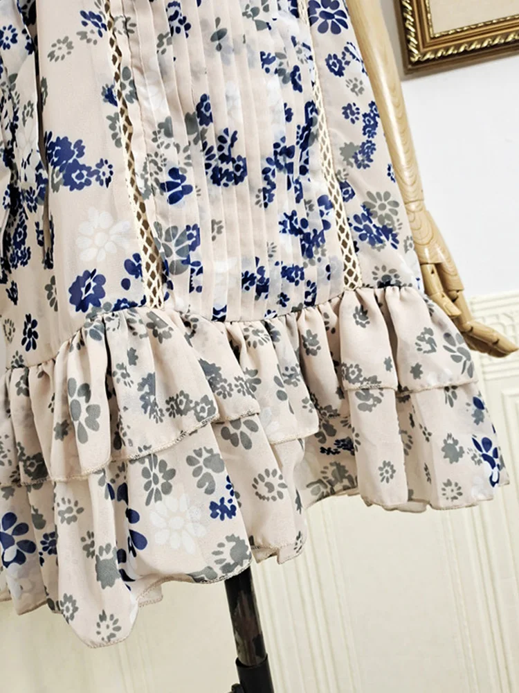 

Heavy craftsmanship drape stitching hollow lace lace waist retro printed dress ladies summer new multi-level fishtail skirt