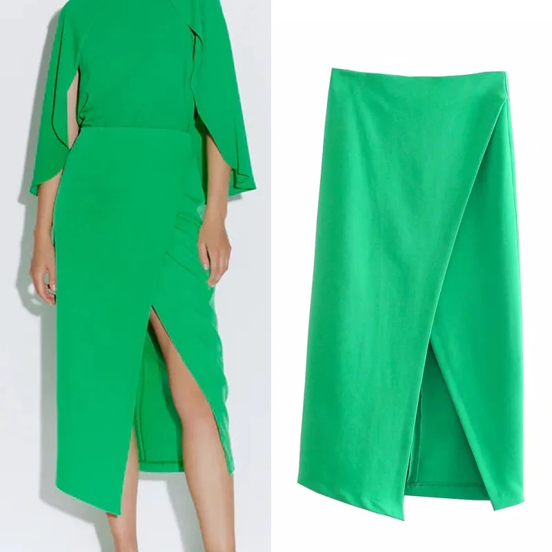 

TRAF Women 2021 Green Wrap Skirt Women High Waist Elegant Long Skirts Woman Summer Office Vintage Midi Skirt With Slit