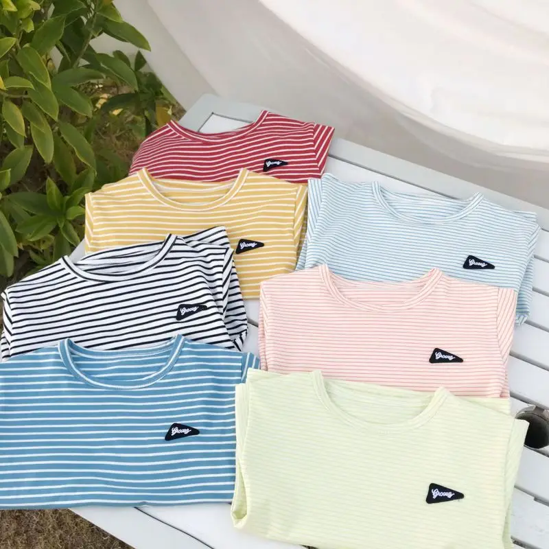 

spring 2020 new child joker leisure stripe T shirt boys girls round collar letters tops