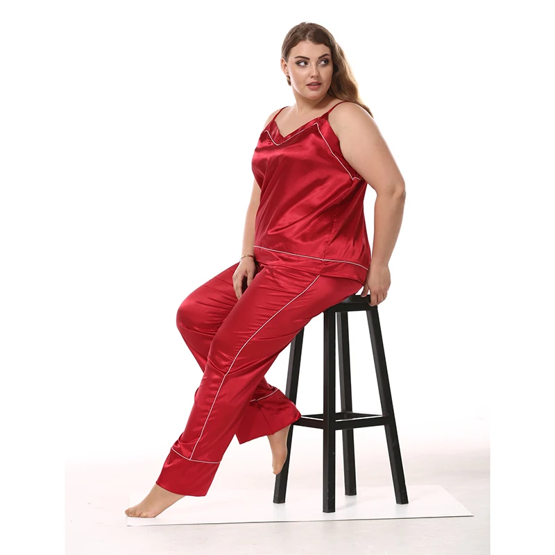 Big Size Lady Imitation Silk Pajama Sets Satin Silk Sling Top + Long Pants Homewear V-Neck Casual Sleepwear Fat MM Women 95200