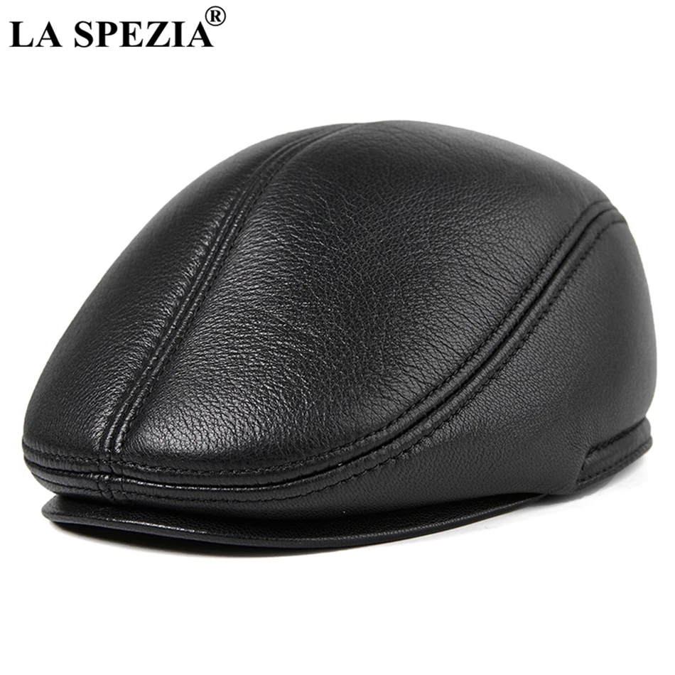 

Winter Leather Flat Cap Beret Men Black Warm Duckbill Hat Ivy Male Earflaps Thicker Genuine Leather Solid Classic Driving Cap