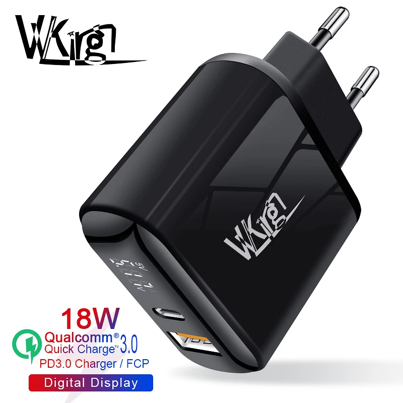 VVKing USB зарядное устройство 18 Вт PD Быстрая зарядка usb type C HD Smart display EU разъем для iPhone