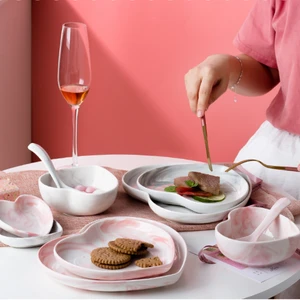 Nordic Ceramic Tableware Love Heart Shaped Bowl Chopsticks Plate Set  Household Couple 2 Person Combination Bowl Seasoning Plate