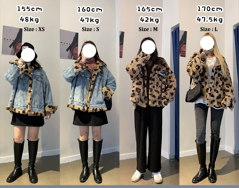 

HWLZLTZHT Double-sided Plus Velvet Thick Denim Jacket Leopard Print Fur Cotton-Padded Coat Splicing Korean Loose Women Clothing
