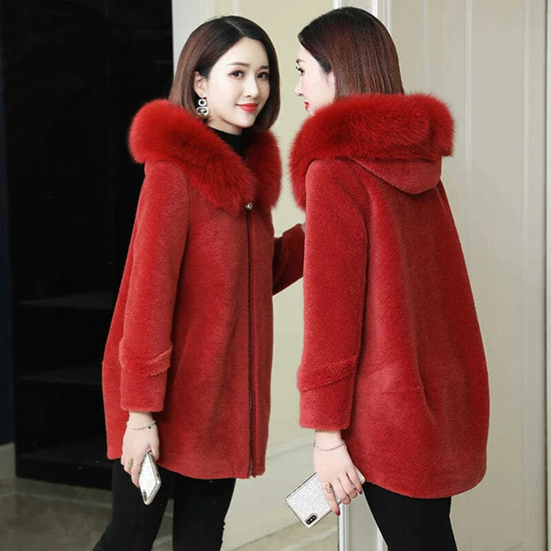 

Women Woolen Coat Long Trench Coat Fashion Elegant Imitating Fox Fur Collar Jacket Plus Size Loose Hooded Sheep Shearing Coat
