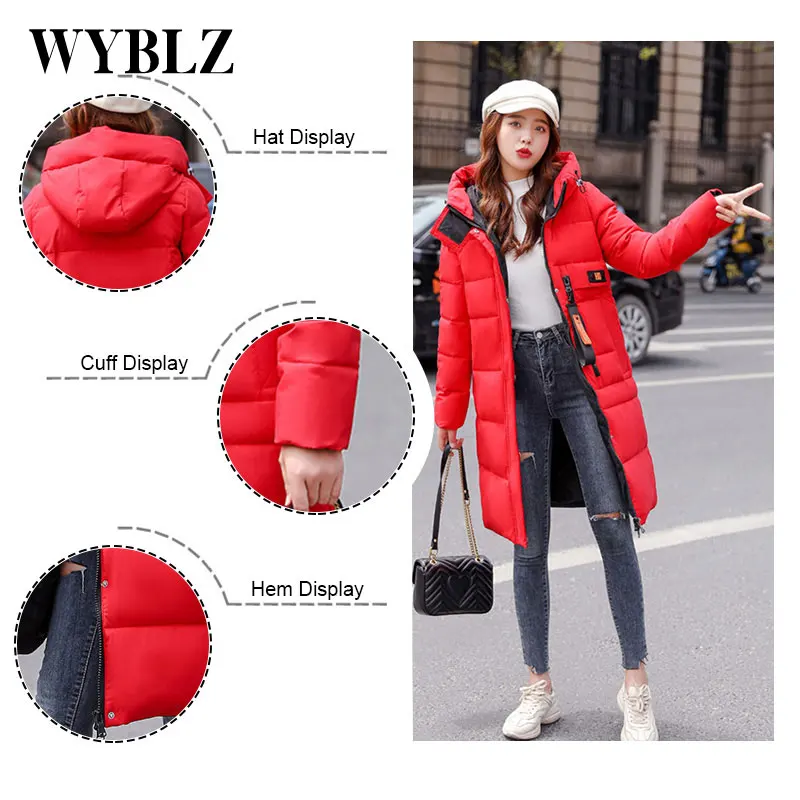 WYBLZ New Winter Parkas Jacket Women Hooded Warm Long Cotton Jackets Female Solid Color Loose Simple Padded Coat for Women 2021