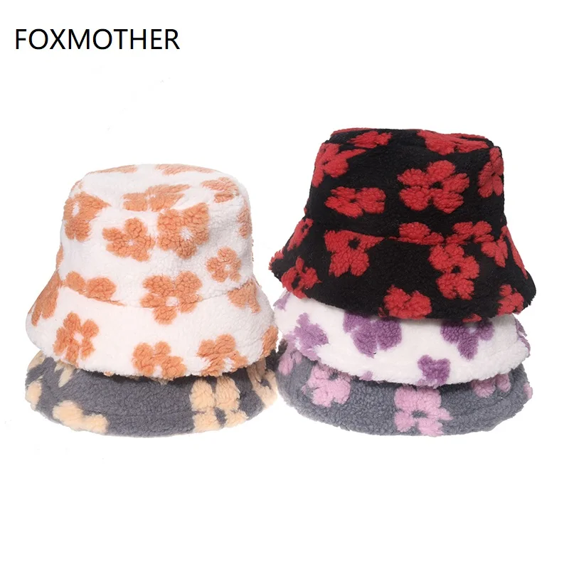 Панама FOXMOTHER женская с искусственным мехом, теплая уличная шапка для рыбалки, пушистая зимняя Панама из ягненка с цветами