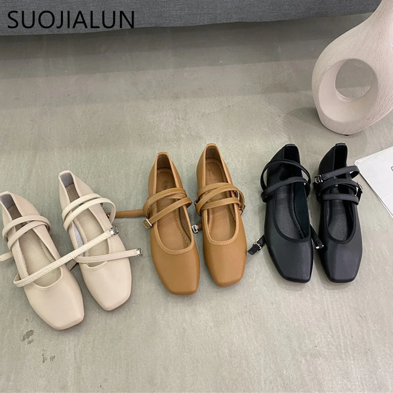 SUOJIALUN 2021 New Women Round Toe Flats Shoes Shallow Slip On Ballet Flat Ankle Strap Casual Loafers Soft Ballerina zapatos muj