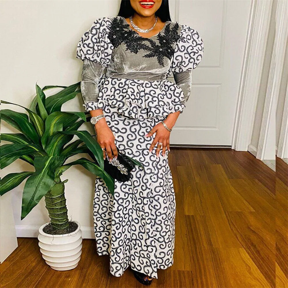 

Plus Size Women Sets Blouse Skirts 2022 New White Printed Loose Puff Sleeve High Waist Two-piece Skirt Woman Clothes 2 Pieces