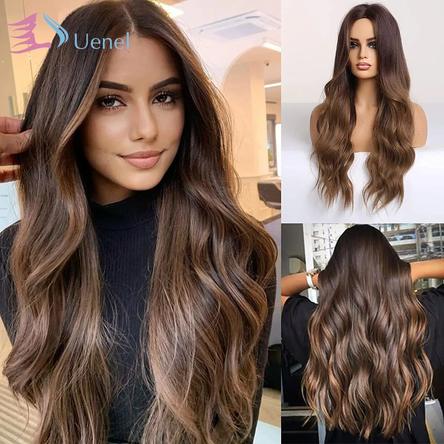

Uenel Long Ombre Brown Hair Wig for Women Synthetic Curly Hair Wig Middle Parting 26"