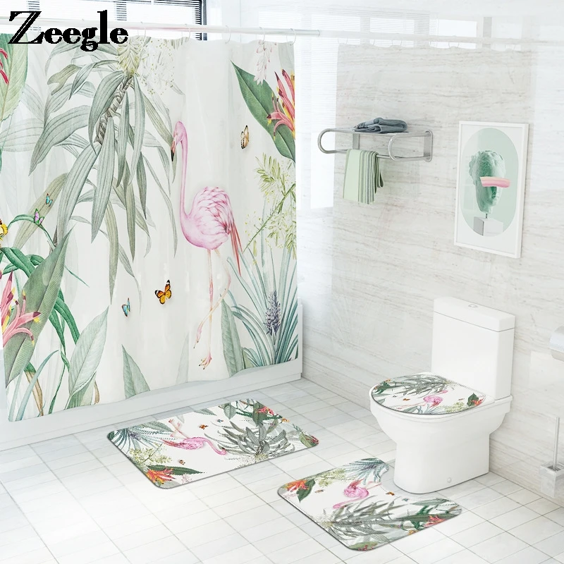 

Europe Style Home Decor Bath Mat and Waterproof Shower Curtain Set with Hooks Absorbent Toilet Foot Mat Bathroom Rug Set