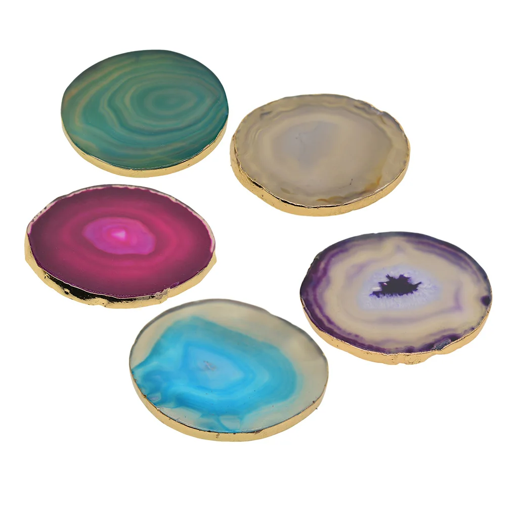 Натуральный нарезанный крашеный ломтик кристалла Coaster с золотым краем для