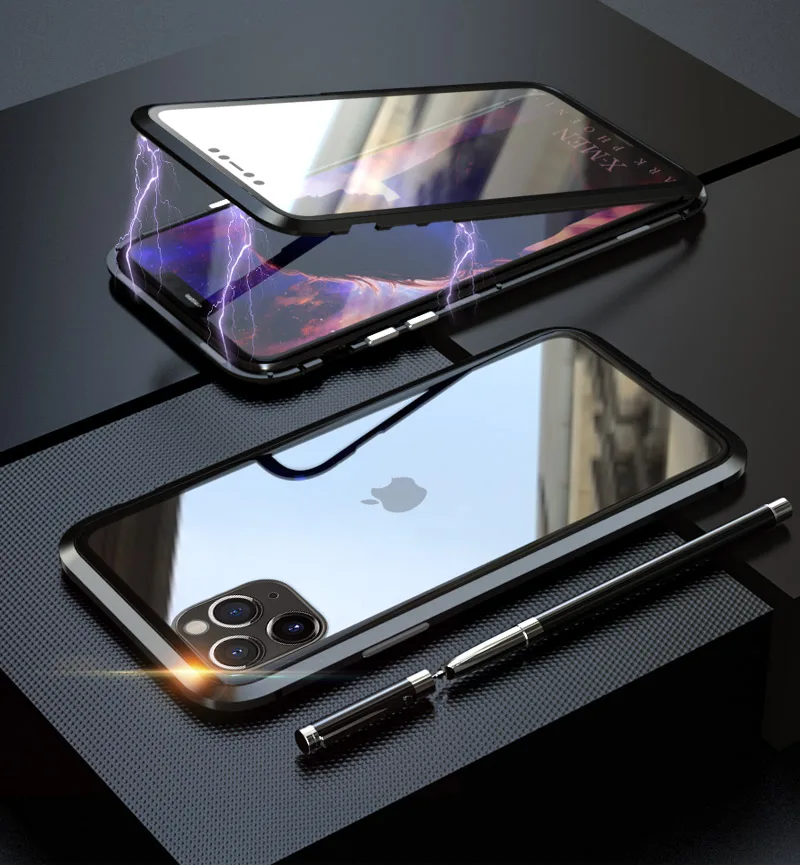 Двойной чехол из закаленного стекла для iPhone 11 Pro Max чехол с металлической рамкой Магнитный противоударный чехол для iPhone 11 Pro Max Shell
