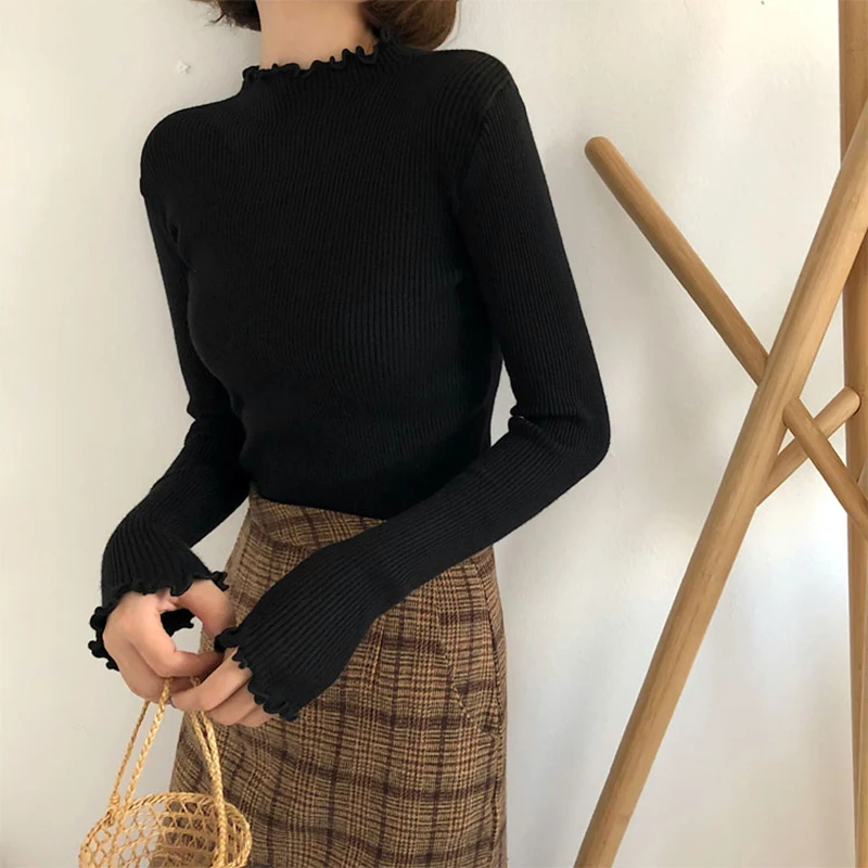 

Women Sweater Slim Sexy Knitted Turtleneck Ruched High Elastic Solid 2020 Fall Winter Fashion Sweater Women Pullovers