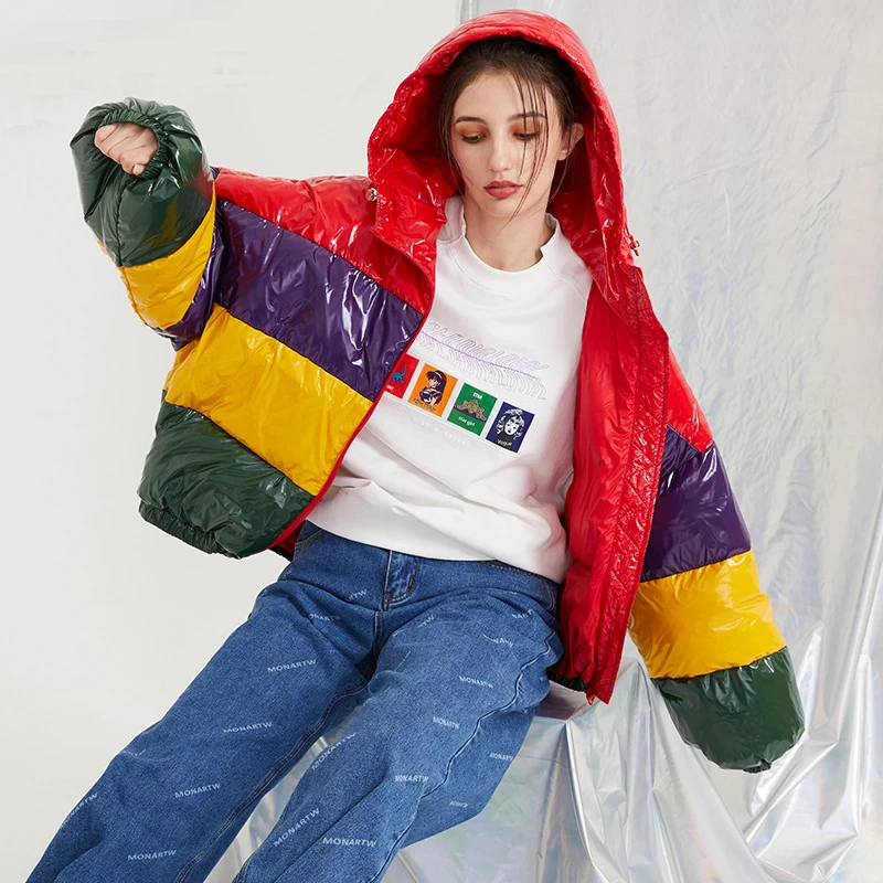 Женский зимний пуховик с капюшоном фиолетовый желтый зеленый красный цвета |