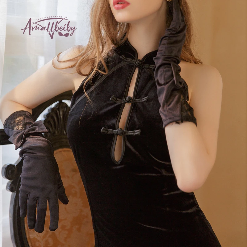 Платье Чонсам женское бархатное с разрезом по бокам короткая Пижама черного